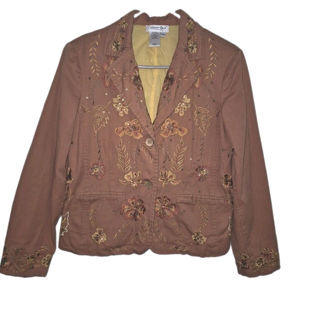 Coldwater Creek Petite PS Brown Floral Embroidered Lined Button Jacket